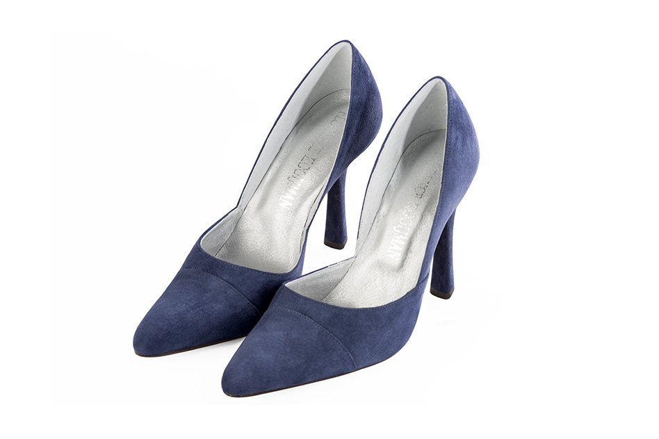 Women's prussian blue elegant open arch pumps. Tapered toe. High spool heels - Front view